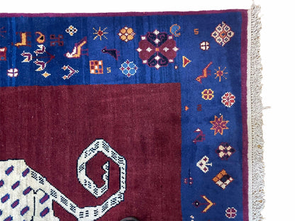 5 X 7 Handmade Zagros Wool Rug Snow White Panther Maroon Blue Organic Dyes - Nuvé
