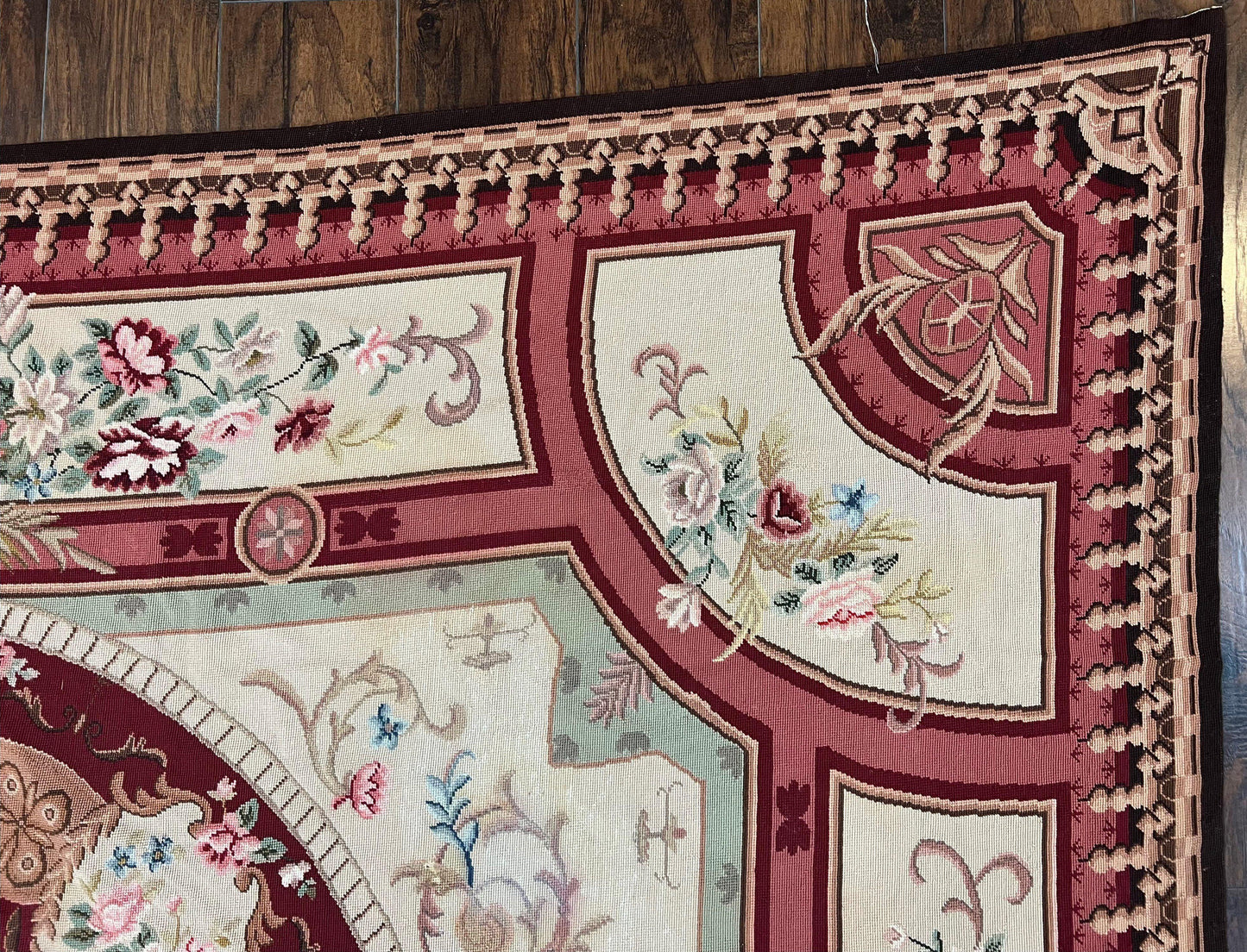 Needlepoint Rug 7.9 x 9, Beige Maroon Rose, Handmade Handwoven Flatweave Aubusson Savonnerie French European Elegant Carpet, Wool Rug - Nuvé