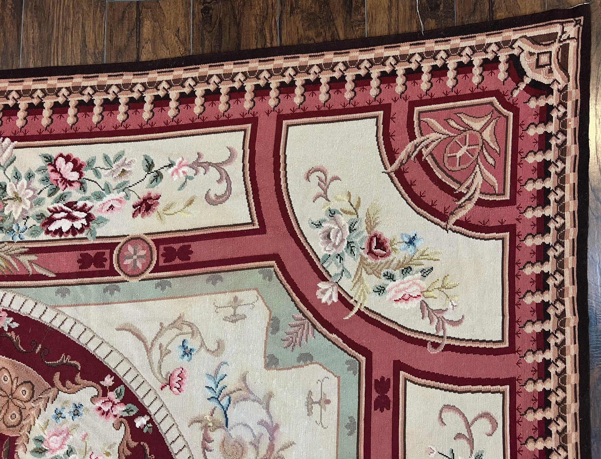 Needlepoint Rug 7.9 x 9, Beige Maroon Rose, Handmade Handwoven Flatweave Aubusson Savonnerie French European Elegant Carpet, Wool Rug - Nuvé