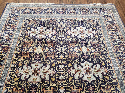 Navy Blue Persian Kashan Rug, Hand-Knotted, Wool, 4' 8" x 7' 4", Pair B - Nuvé