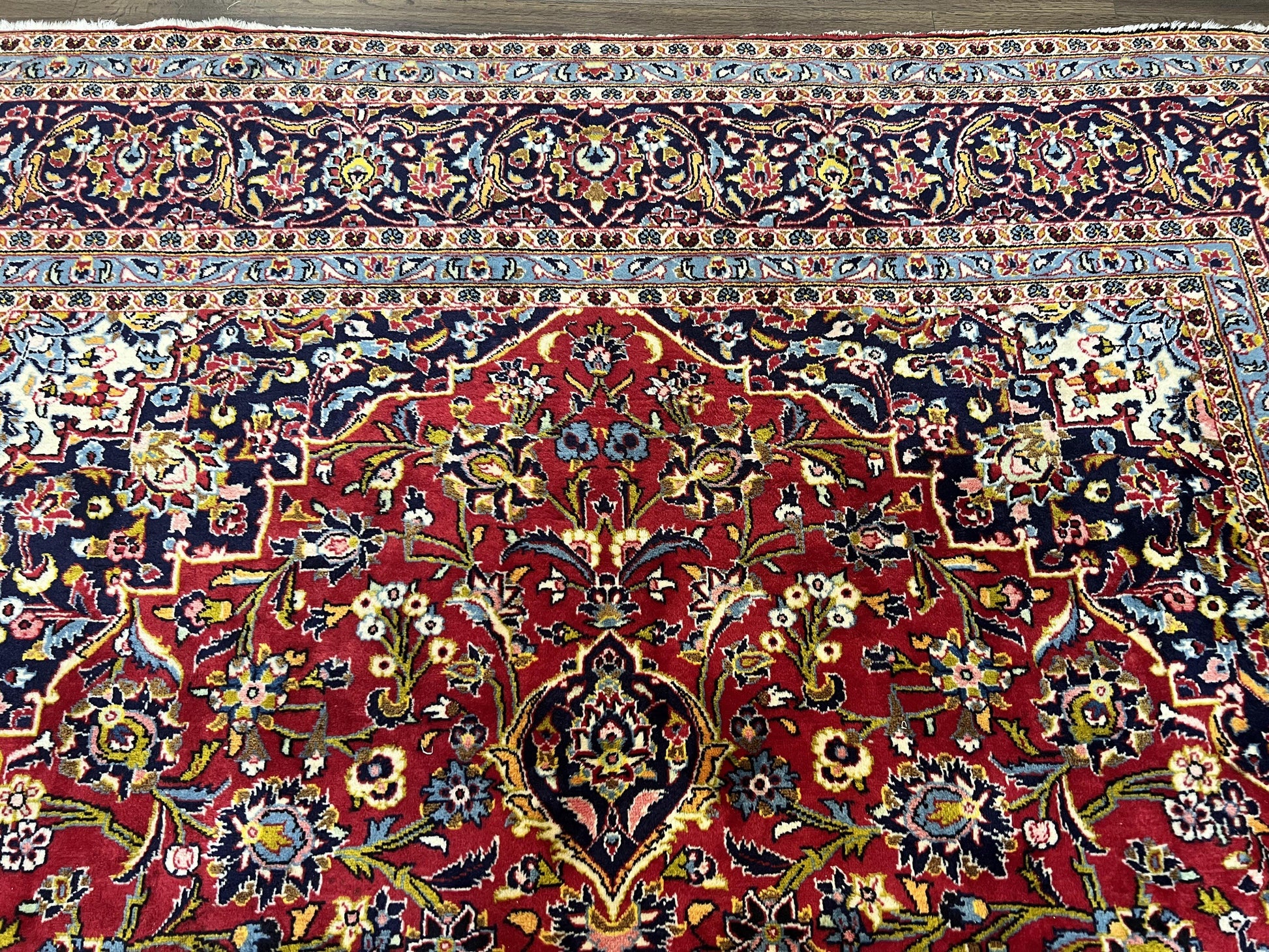 Persian Kashan Rug 9x12, Red Navy Blue, Allover Floral Medallion & Corner Design, Handmade Wool Oriental Carpet, Semi Antique Traditional Carpet - Nuvé