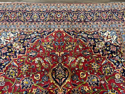 Persian Kashan Rug 9x12, Red Navy Blue, Allover Floral Medallion & Corner Design, Handmade Wool Oriental Carpet, Semi Antique Traditional Carpet - Nuvé