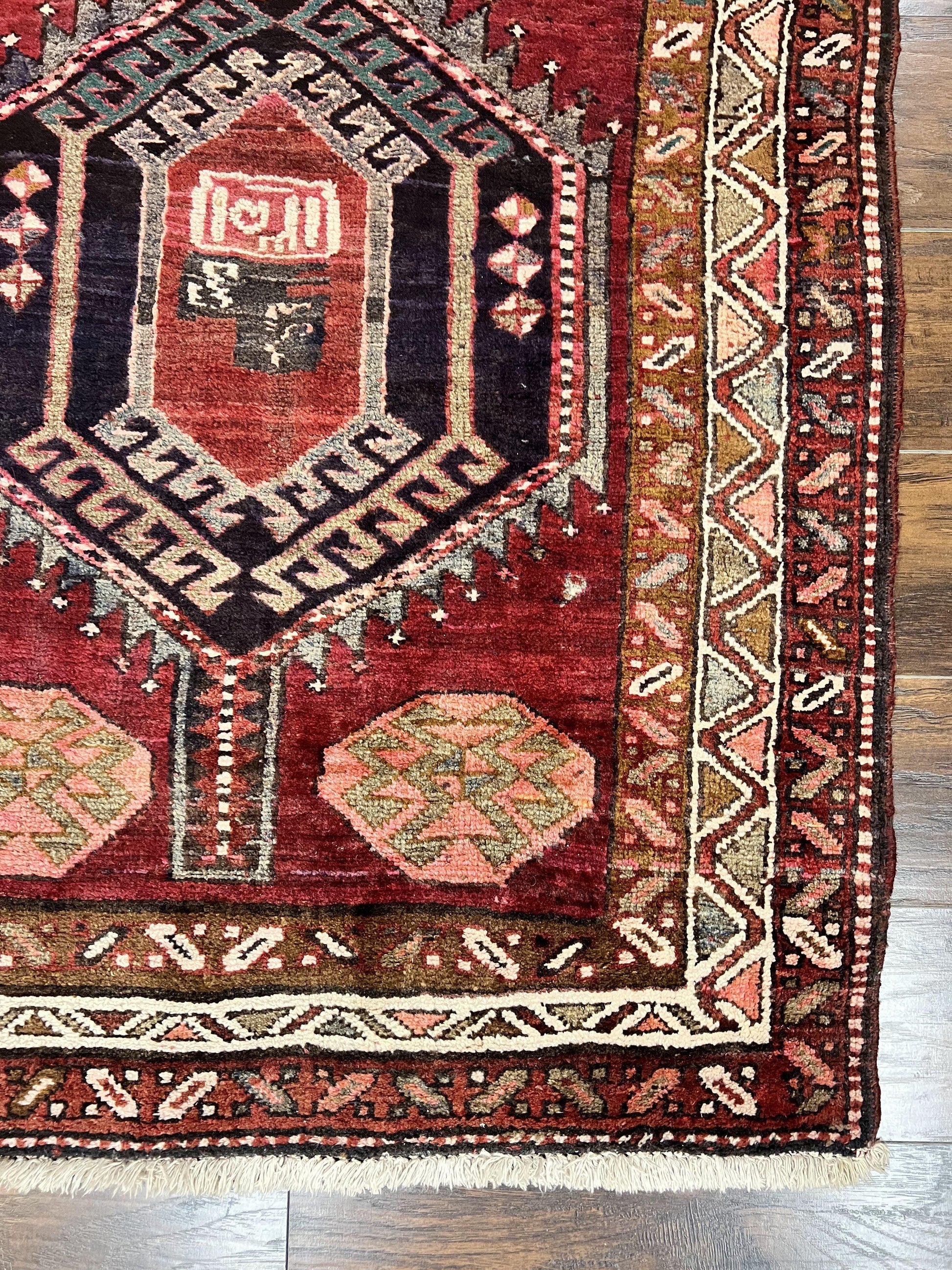 Persian Heriz Runner Rug 3.8 x 8.6, Geometric Design, Large Triple Medallions, Hand Knotted Handmade Vintage Wool Hallway Rug, Red - Nuvé