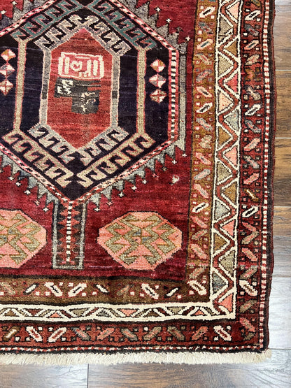 Persian Heriz Runner Rug 3.8 x 8.6, Geometric Design, Large Triple Medallions, Hand Knotted Handmade Vintage Wool Hallway Rug, Red - Nuvé