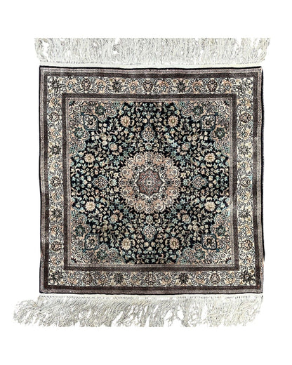 Sino Persian Silk Rug 2x2 ft, Very Fine High KPSI Small Silk Oriental Carpet, Hand-Knotted, Medallion, Vintage Silk Rug, Black Ivory/Cream