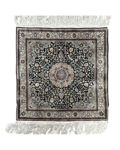 Sino Persian Silk Rug 2x2 ft, Very Fine High KPSI Small Silk Oriental Carpet, Hand-Knotted, Medallion, Vintage Silk Rug, Black Ivory/Cream
