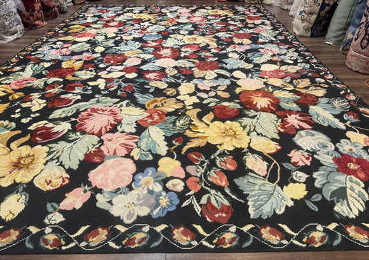 Palace Size Needlepoint Rug 12x18, Vintage Spanish Portuguese Carpet, Floral Design - Nuvé