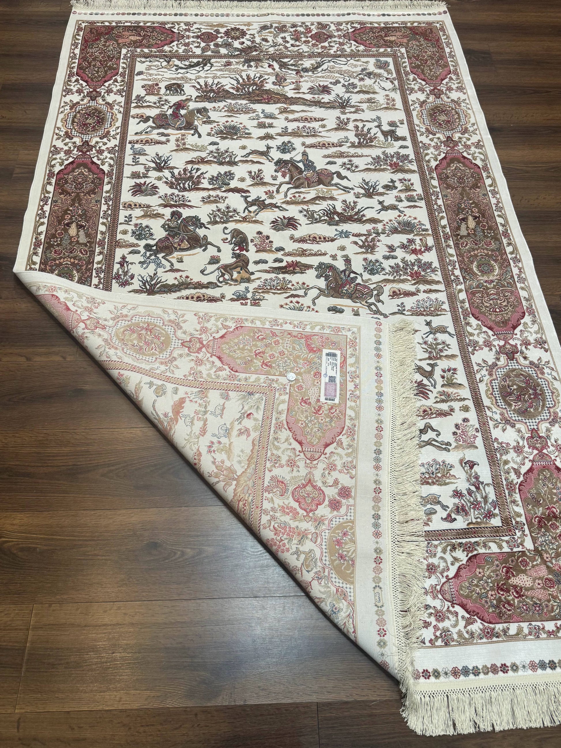 Turkish Silk Rug 5x8, Ivory, Hunting Design, Animal Pictorials, Bamboo Silk - Nuvé