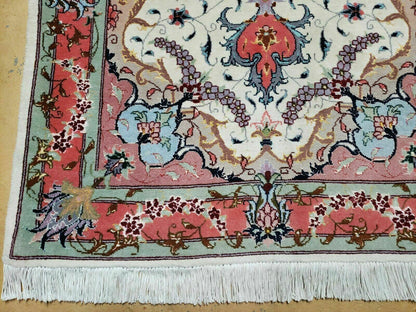 Small Vintage Persian Tabriz Wool and Silk Rug 2.5 x 4 ft, Very Finely Hand Knotted, Medallion, Ivory Salmon Light Blue, Top Quality, Pair B - Nuvé