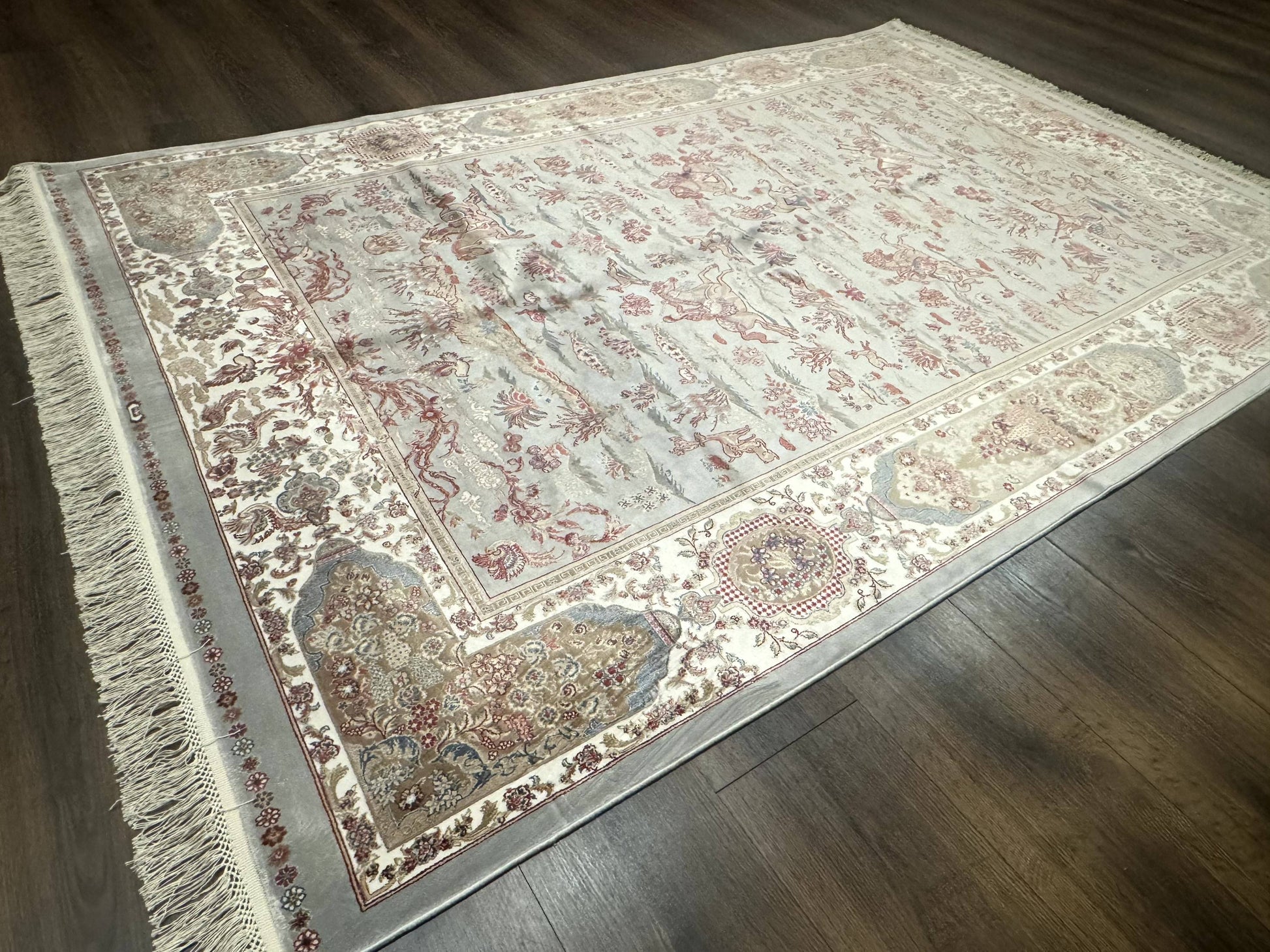 Turkish Silk Rug 5x7, Hunting Design, Animal Pictorials, Bamboo Silk - Nuvé
