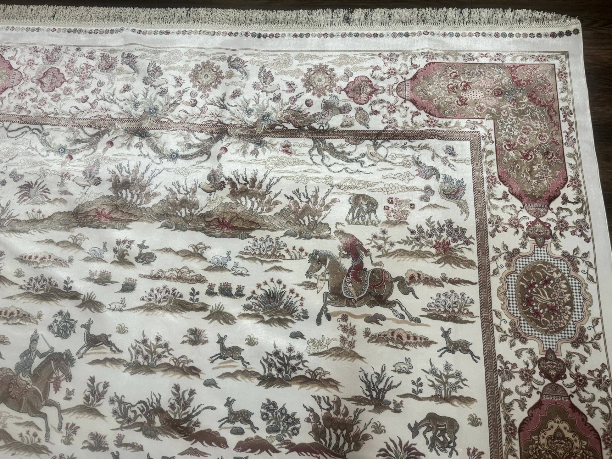 Large Turkish Silk Rug 8x10, Ivory, Hunting Design, Bamboo Silk, New - Nuvé