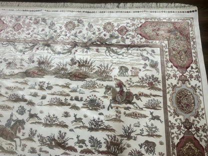 Large Turkish Silk Rug 8x10, Ivory, Hunting Design, Bamboo Silk, New - Nuvé