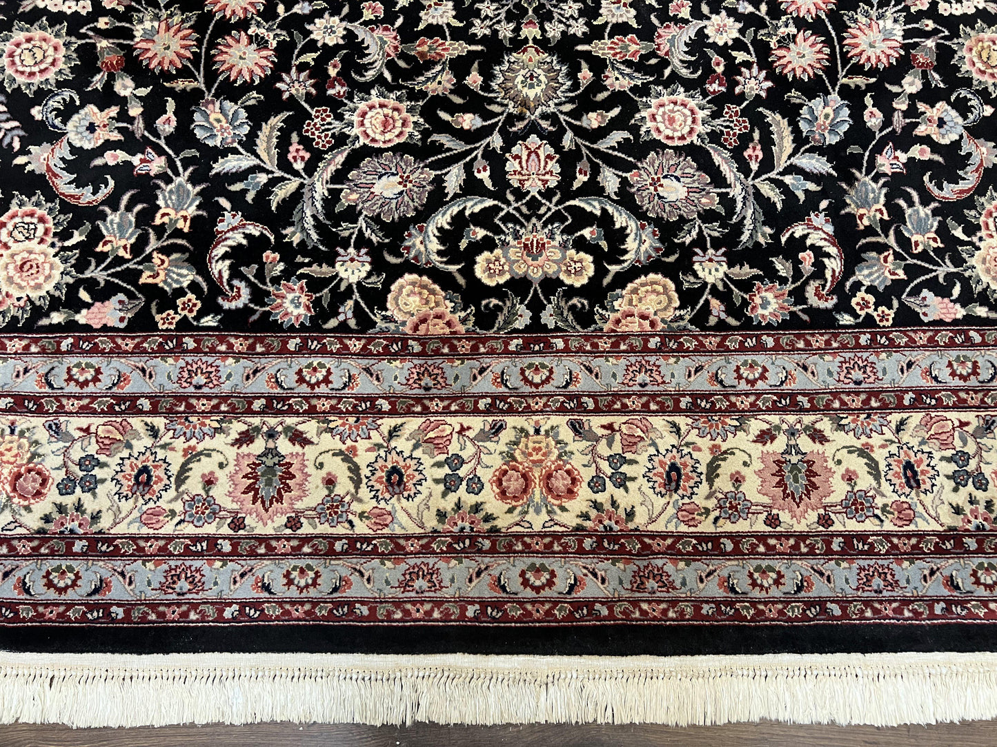 Pak Persian Rug 9x12, Floral Allover, Hand Knotted Oriental Carpet 9 x 12 ft, Black and Cream, Detailed, Wool with Silk Highlights, Vintage - Nuvé