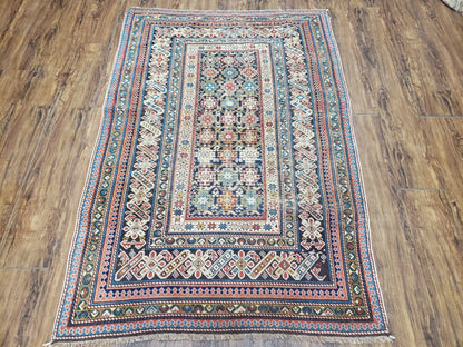 Caucasian Rug 3'9" x 5'7", Antique 1920s Collectible Caucasian Chi Chi Carpet, Hand Knotted, Colorful, Dark Blue Cream Red, Wool, Small Rug - Nuvé