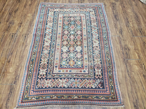 Caucasian Rug 3'9" x 5'7", Antique 1920s Collectible Caucasian Chi Chi Carpet, Hand Knotted, Colorful, Dark Blue Cream Red, Wool, Small Rug - Nuvé