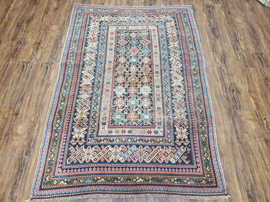 Caucasian Rug 3'9" x 5'7", Antique 1920s Collectible Caucasian Chi Chi Carpet, Hand Knotted, Colorful, Dark Blue Cream Red, Wool, Small Rug - Nuvé