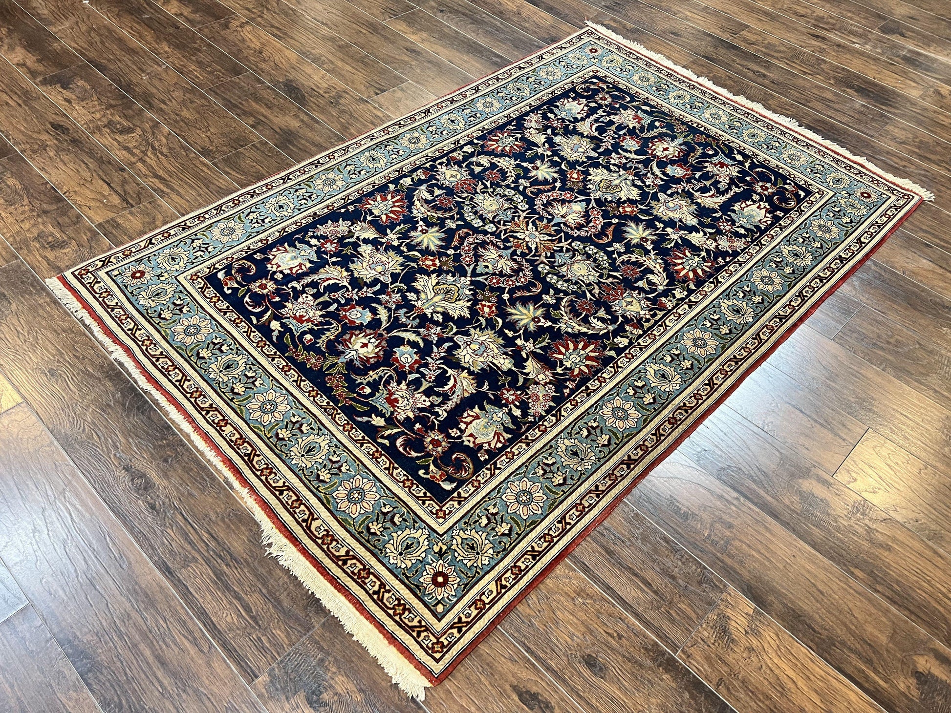 Blue Persian Qum Rug 5x7, Very Fine and Wonderful Authentic Persian Carpet, Wool Hand Knotted Vintage Semi Antique Oriental Rug, Floral, Ghom Qom Rug - Nuvé