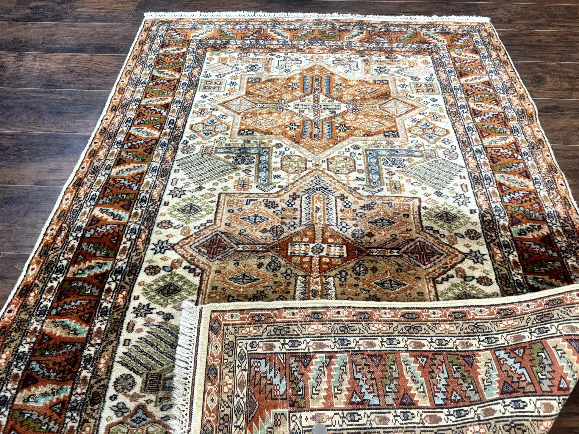 Turkish Kazak Rug 4x6, Geometric Medallions, Vintage Handmade Wool Carpet - Nuvé