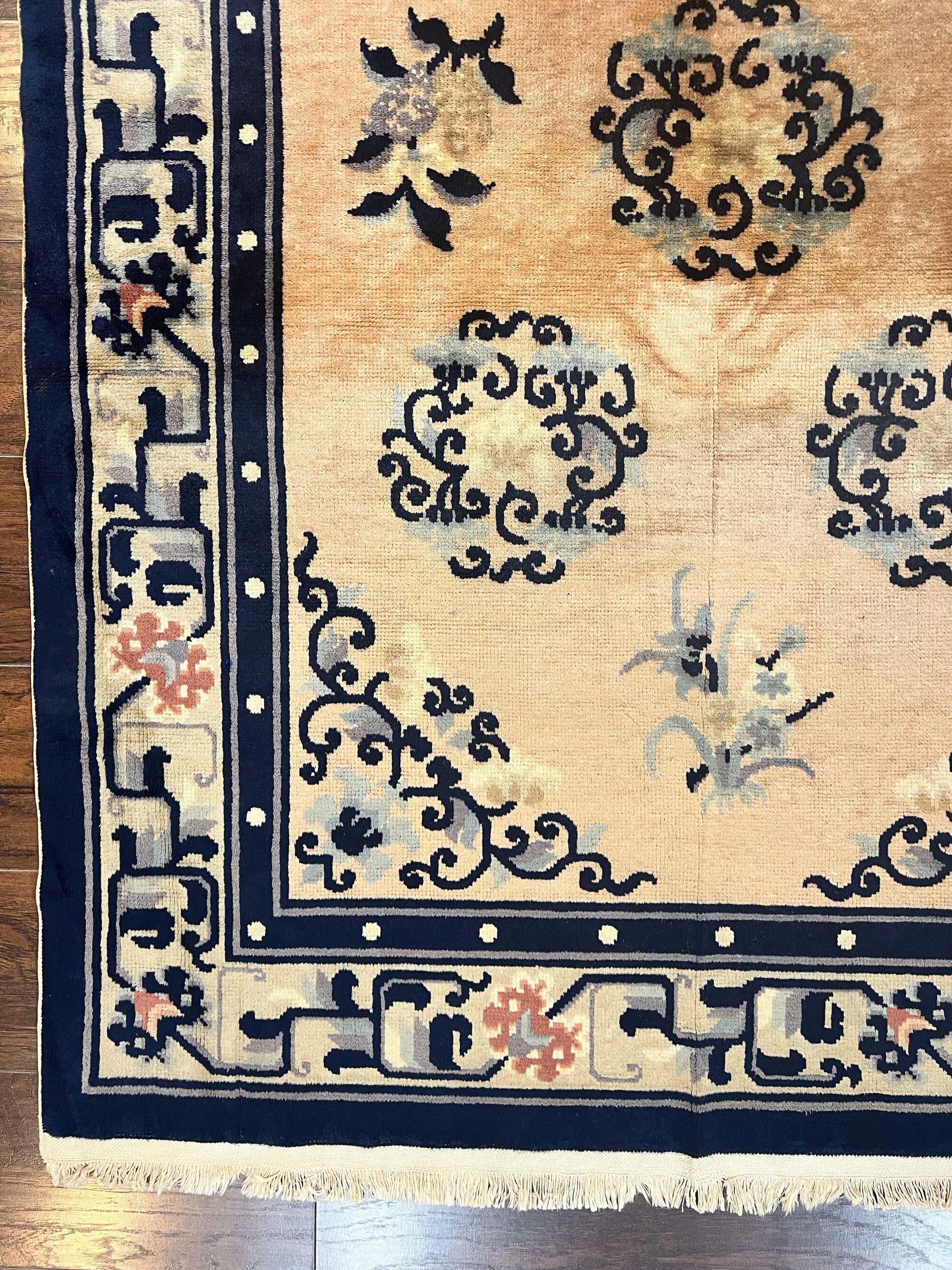 Chinese Peking Rug 4x6, Wool Hand Knotted Handmade Vintage Semi Antique Carpet, Semi Open Field, Light Peach & Navy Blue, Art Deco Rug - Nuvé
