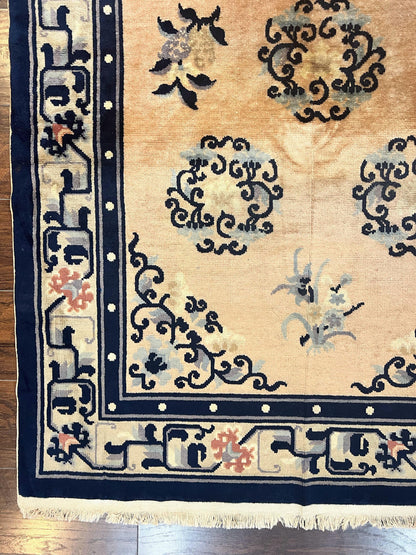 Chinese Peking Rug 4x6, Wool Hand Knotted Handmade Vintage Semi Antique Carpet, Semi Open Field, Light Peach & Navy Blue, Art Deco Rug - Nuvé