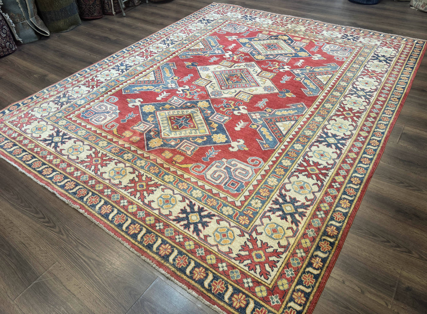 Turkish Kazak Rug 7.6 x 9.5, Geometric Medallions, Caucasian Pattern - Nuvé