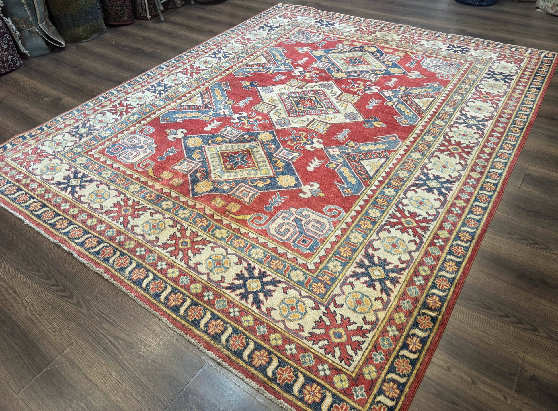 Turkish Kazak Rug 7.6 x 9.5, Geometric Medallions, Caucasian Pattern - Nuvé