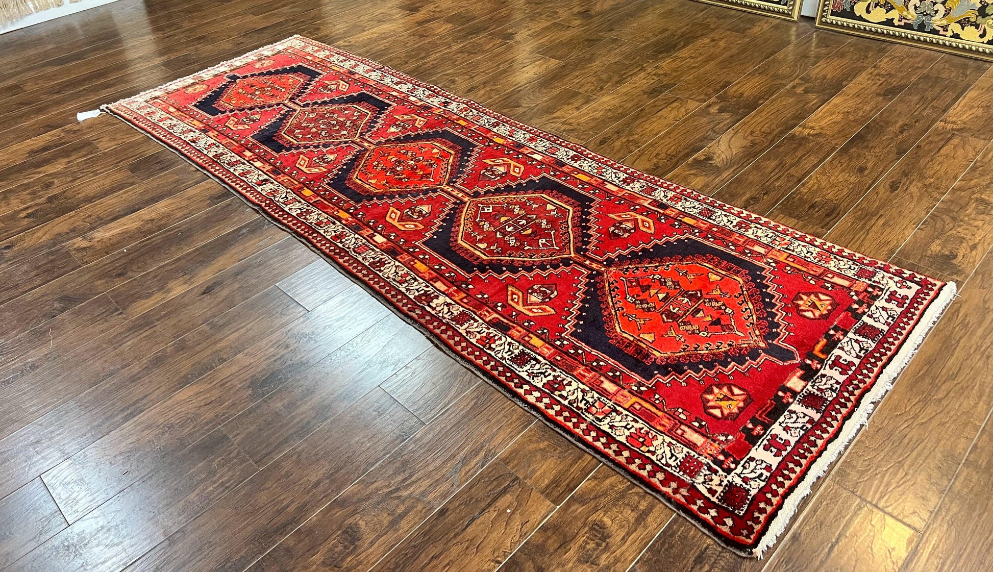 Persian Heriz Runner Rug 3.7 x 11, Persian Tribal Runner, Handmade Wool, Medallions, Geometric, Red, Antique Vintage Hand Knotted Rug - Nuvé