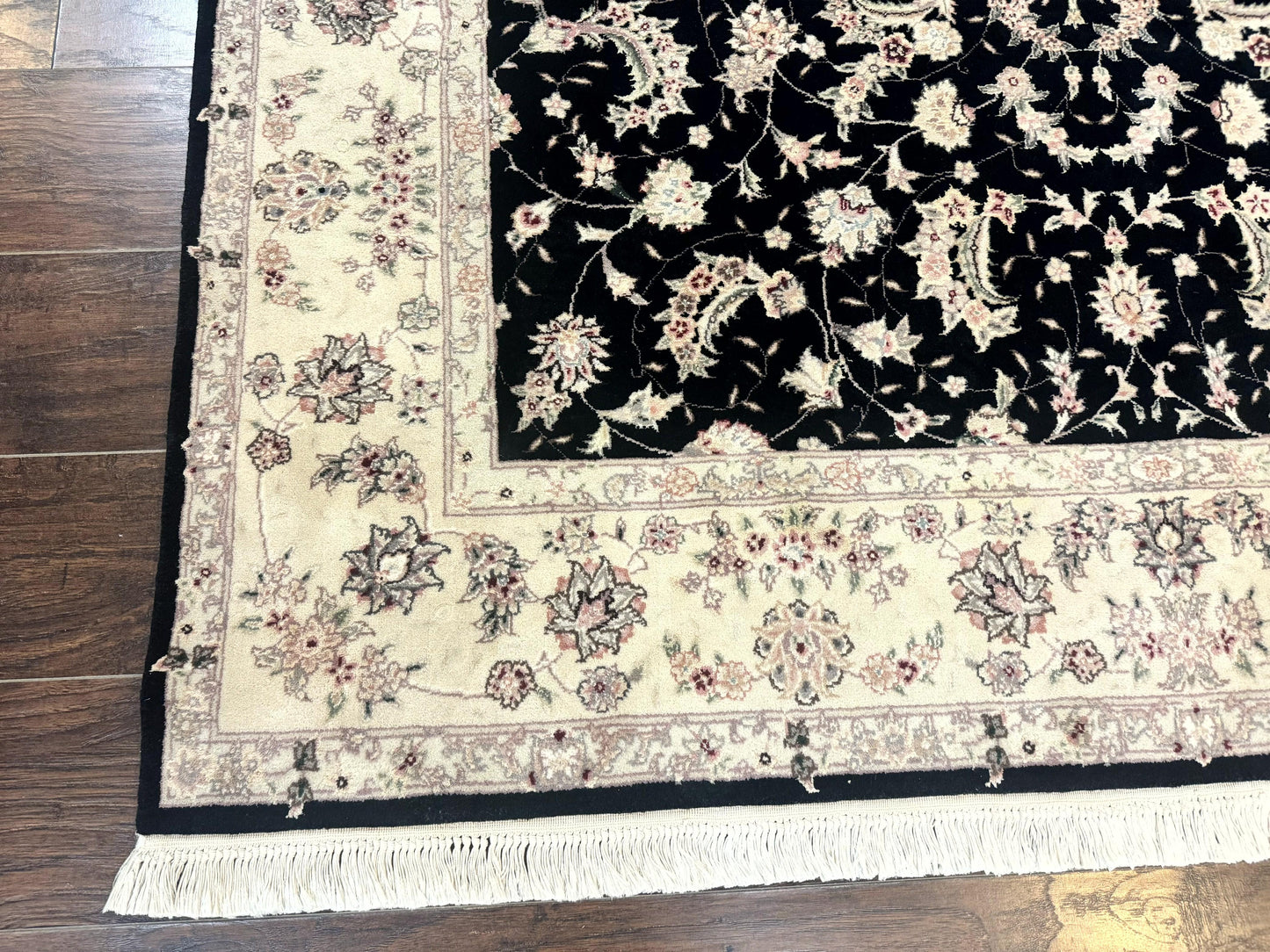 Sino Persian Rug 6x9, Black and Ivory, Wool and Silk Highlights, Handmade - Nuvé