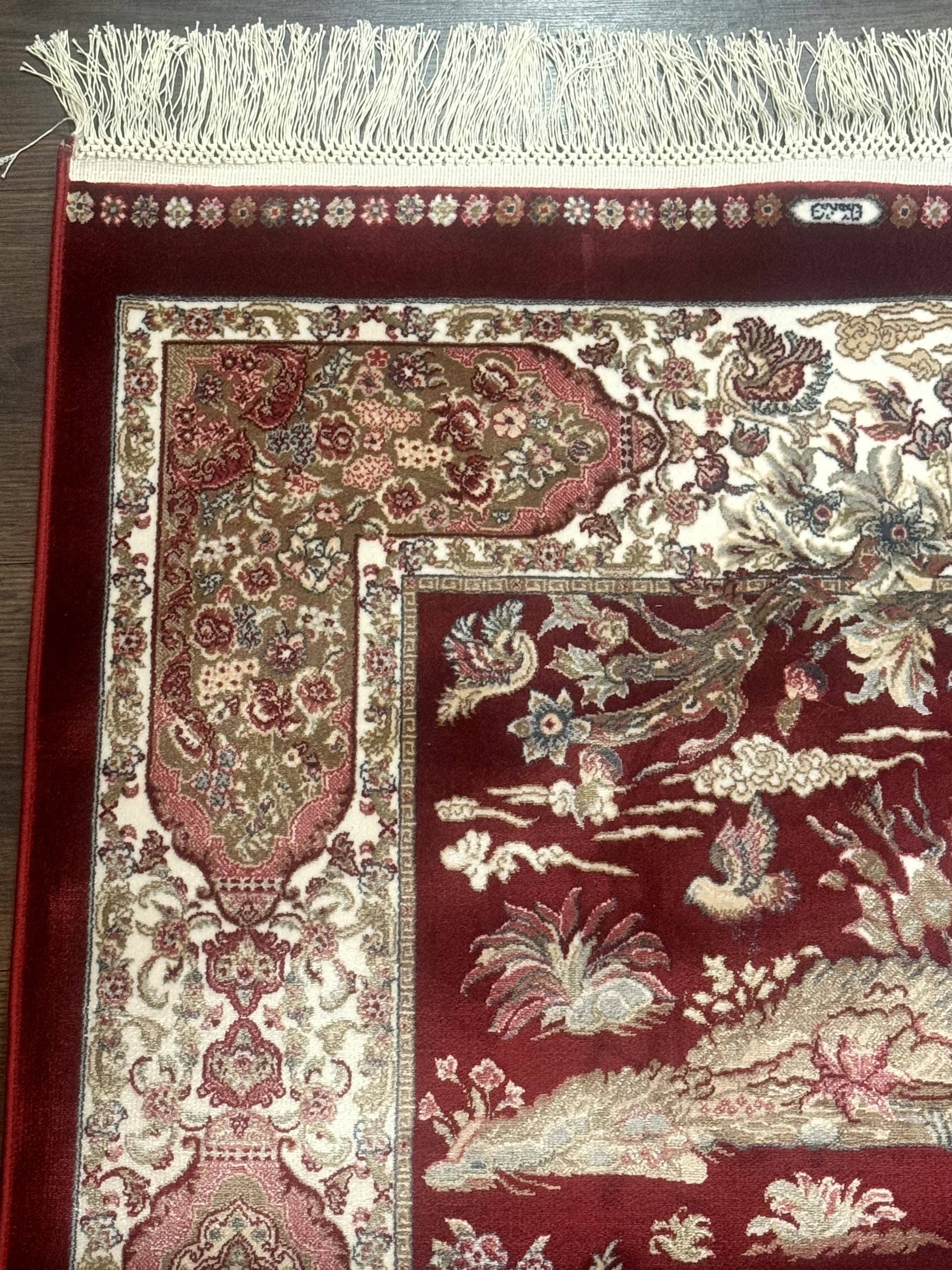 Turkish Silk Rug 2.6 x 6.7, Hunting Design, Short Runner Rug, Red & Ivory, Bamboo Silk, New - Nuvé