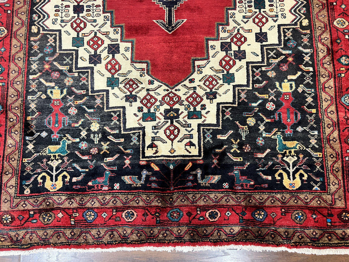 Persian Rug 5x12 ft, Red Cream Navy Blue, Pictorials, Hand Knotted Handmade Wide Runner Tribal Bidjar Semi Antique Wool Geometric Oriental Rug - Nuvé