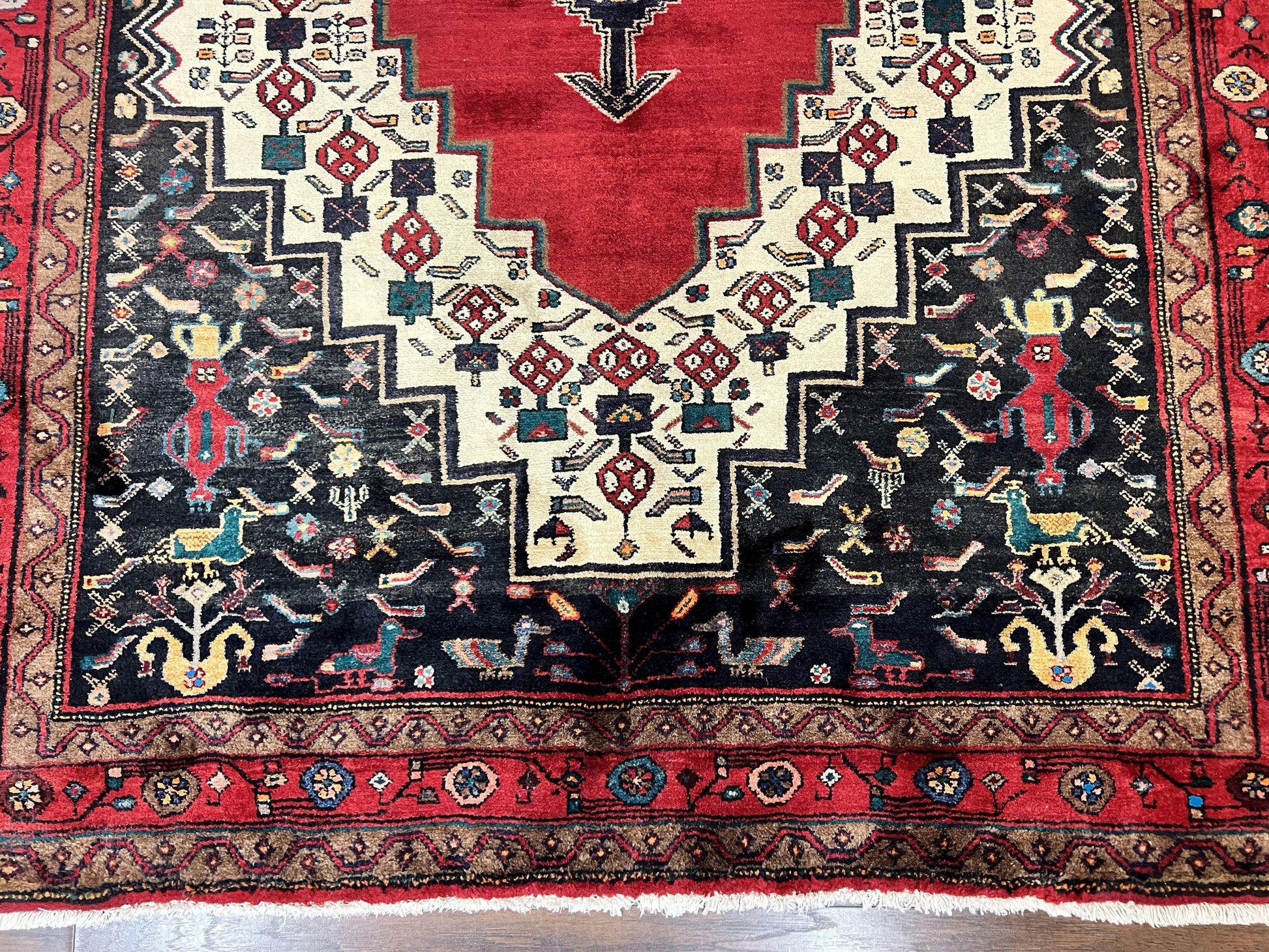 Persian Rug 5x12 ft, Red Cream Navy Blue, Pictorials, Hand Knotted Handmade Wide Runner Tribal Bidjar Semi Antique Wool Geometric Oriental Rug - Nuvé