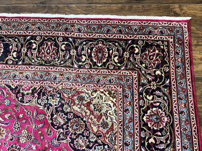 Persian Rug 10x13, Wool Hand Knotted Antique Kashmar Carpet, Raspberry Red & Navy Blue, Floral Medallion, Traditional Oriental Rug 10 x 13 - Nuvé