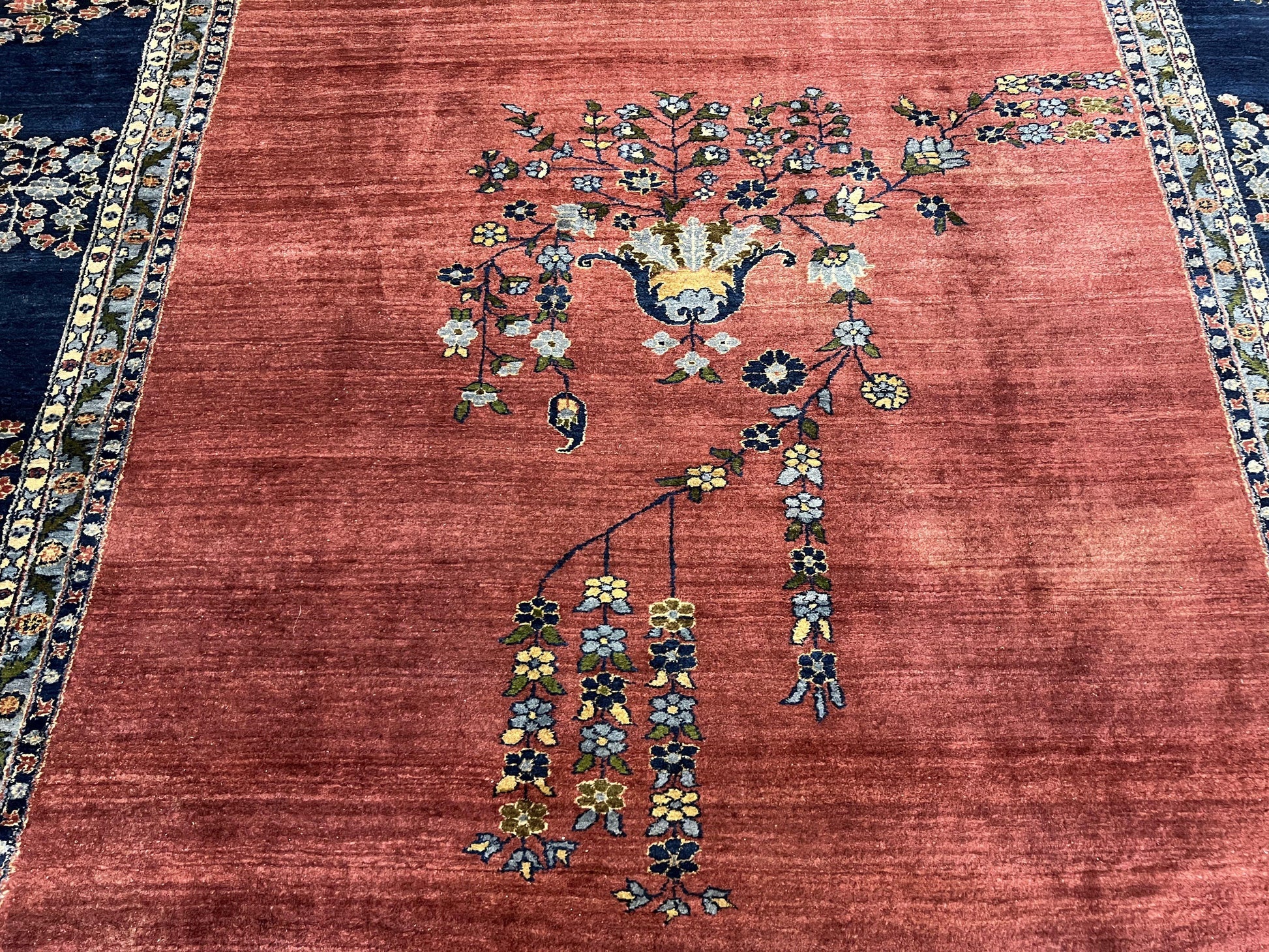 Large Persian Sarouk Rug 10x17, Open Field, Red and Navy Blue, Palace Sized Oversized Hand Knotted Wool Oriental Carpet Flowers Vases Antique 1920s - Nuvé