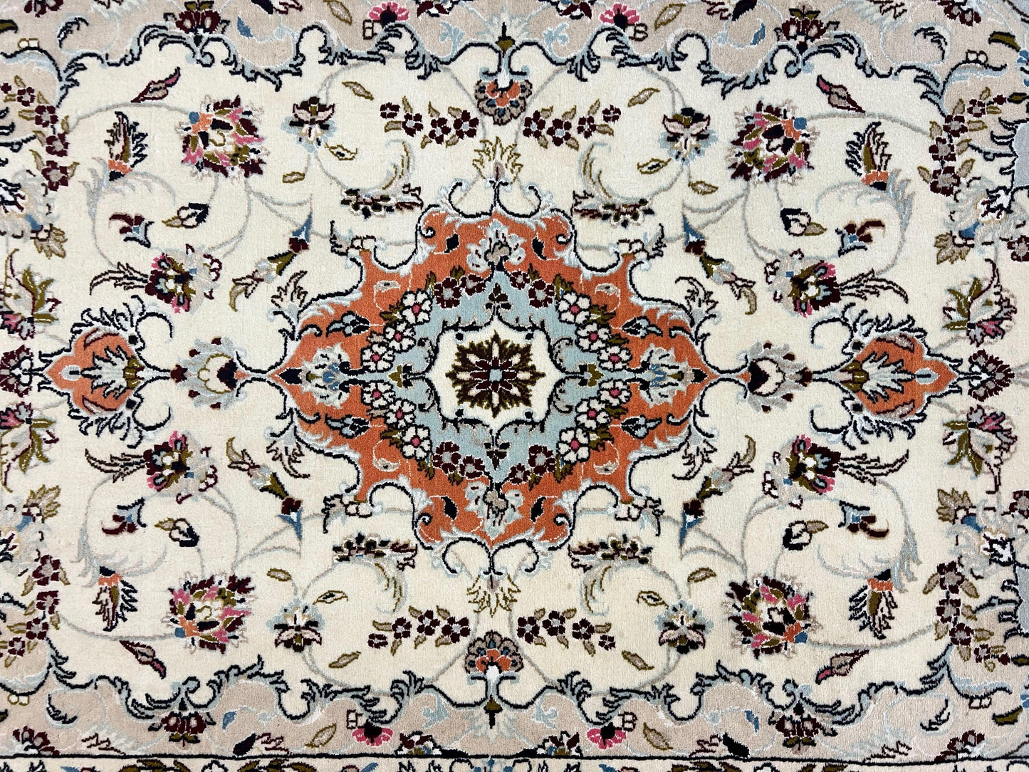Persian Tabriz Rug 4.5  x 6.8, Finely Hand Knotted Wool with Silk Highlights Vintage Oriental Carpet, Cream and Salmon, High KPSI, Floral Medallion - Nuvé