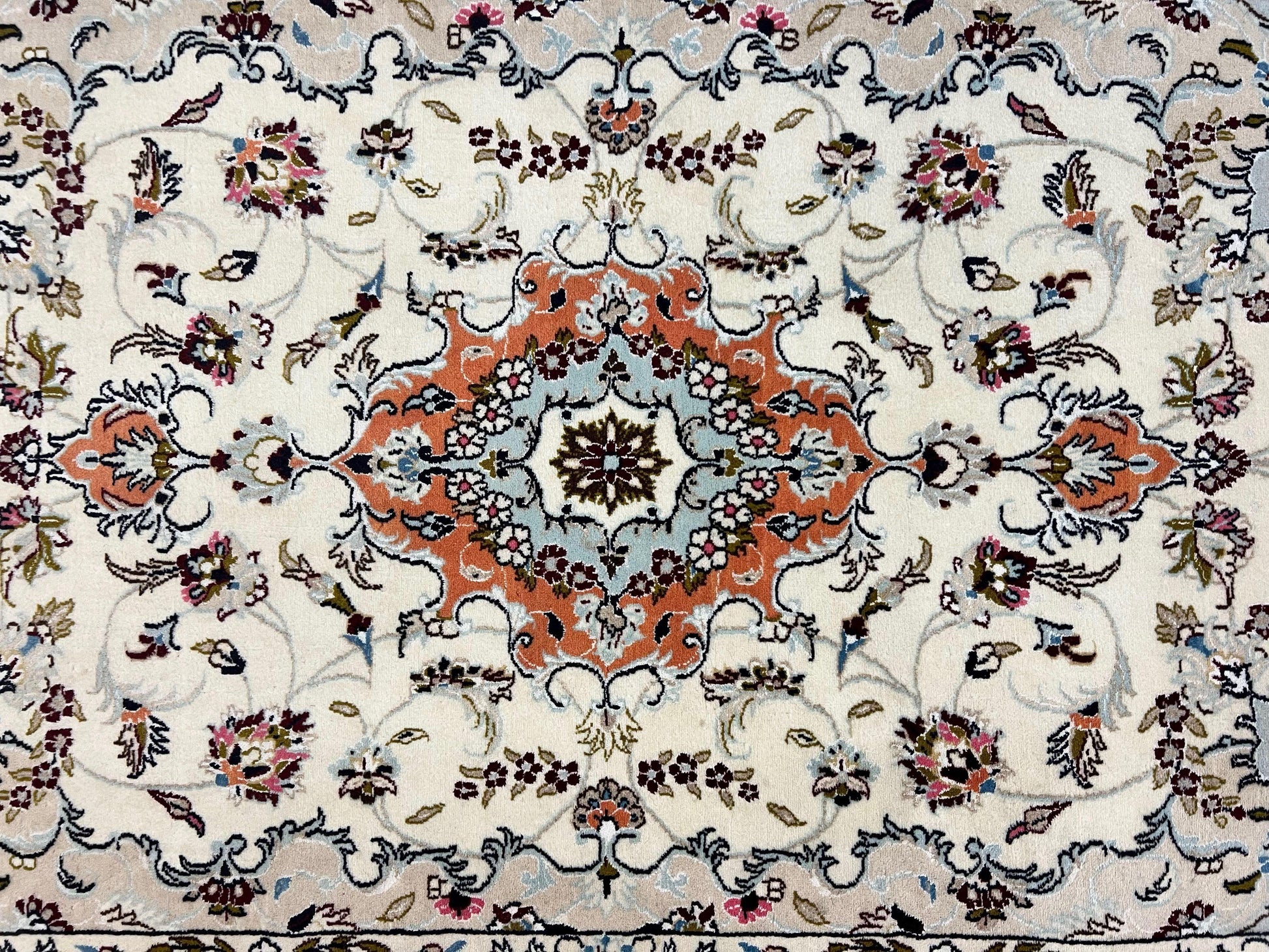 Persian Tabriz Rug 4.5  x 6.8, Finely Hand Knotted Wool with Silk Highlights Vintage Oriental Carpet, Cream and Salmon, High KPSI, Floral Medallion - Nuvé