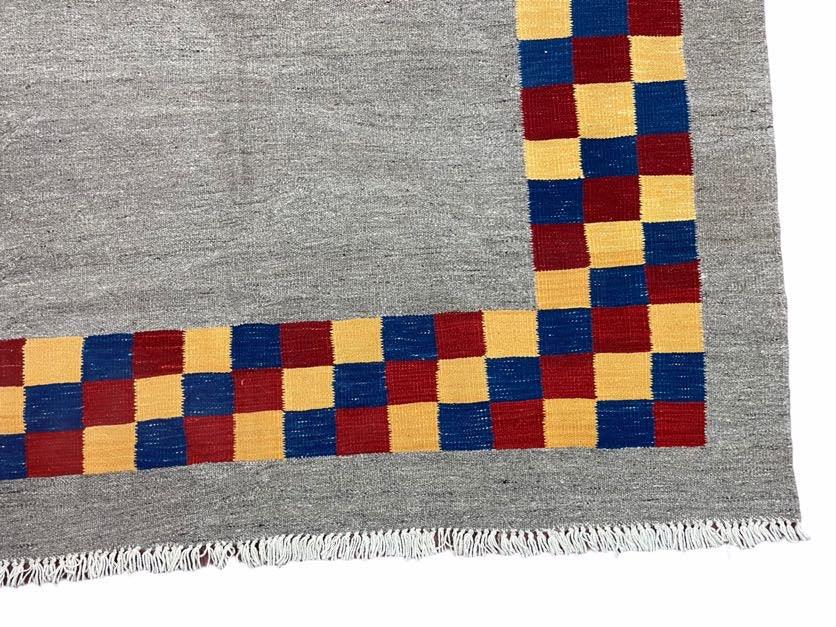 Gray Kilim Carpet, Yellow, Red, Blue Checkerboard Pattern, Flatweave, New, Geometric, Hand-Knotted, Wool, Turkish Area Rug, 5' 9" x 7' 9" - Nuvé