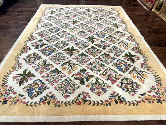 Power Loomed Rug 8x11, Ivory and Multicolor Floral Panel Pattern, Flowers, Butterflies, Vintage - Nuvé