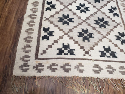 Semi Antique South American Blanket 4x8, Wool Hand-Woven Flatweave Kilim Rug, Handmade Antique Vintage Runner, Ivory & Blue, Diamond Panel - Nuvé