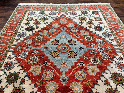 Indo Persian Heriz Rug 7x9, Geometric Pattern, Cream & Light Red, Handmade Vintage Wool Carpet - Nuvé