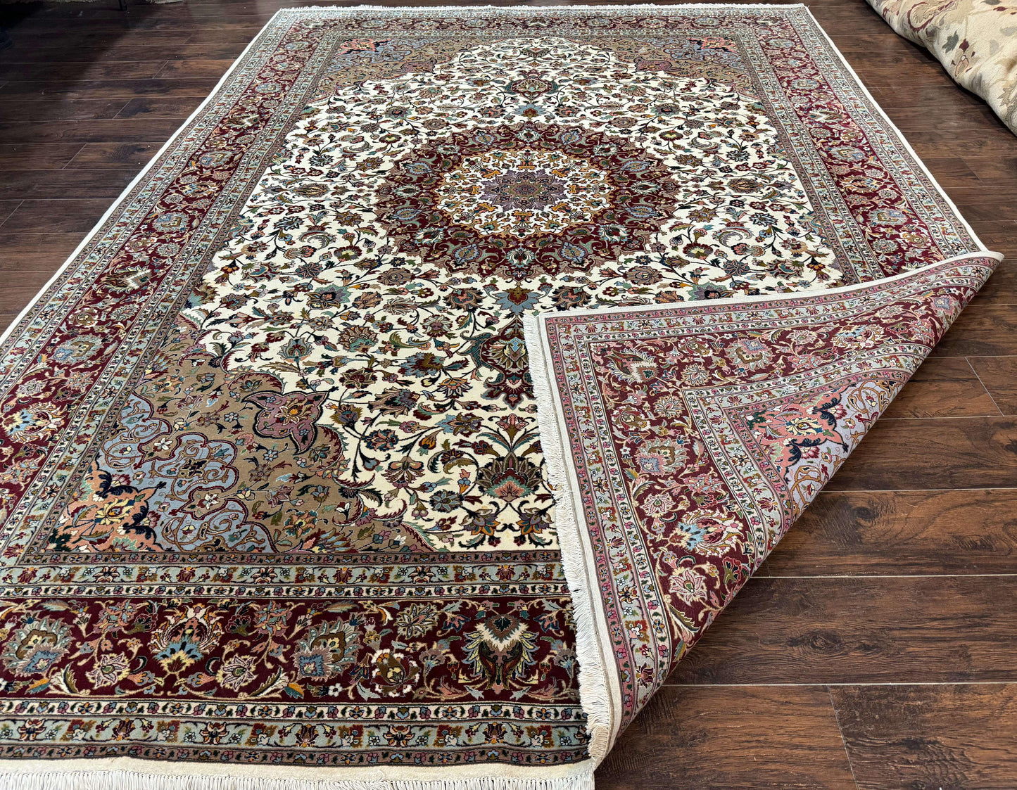 Persian Tabriz Rug 8x11, Floral Medallion Traditional Area Rug, Fine 300 KPSI, Ivory Maroon - Nuvé