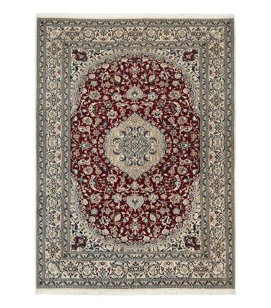 Persian Nain Rug 8x11, Wool and Silk Highlights, Burgundy & Ivory