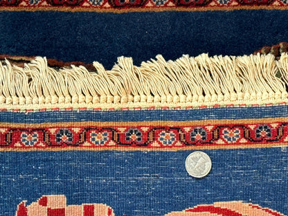 Pictorial Rug of American Flag with Bald Eagle, Small Indo Persian Pictorial Rug, Blue, Handmade, Very Fine 330 KPSI - Nuvé