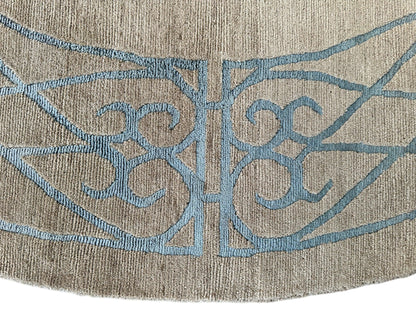 Hand-Knotted Tibetan Rug - 6' x 6'1" Round - Wool & Silk - Elegant Blue Border Design - Nuvé