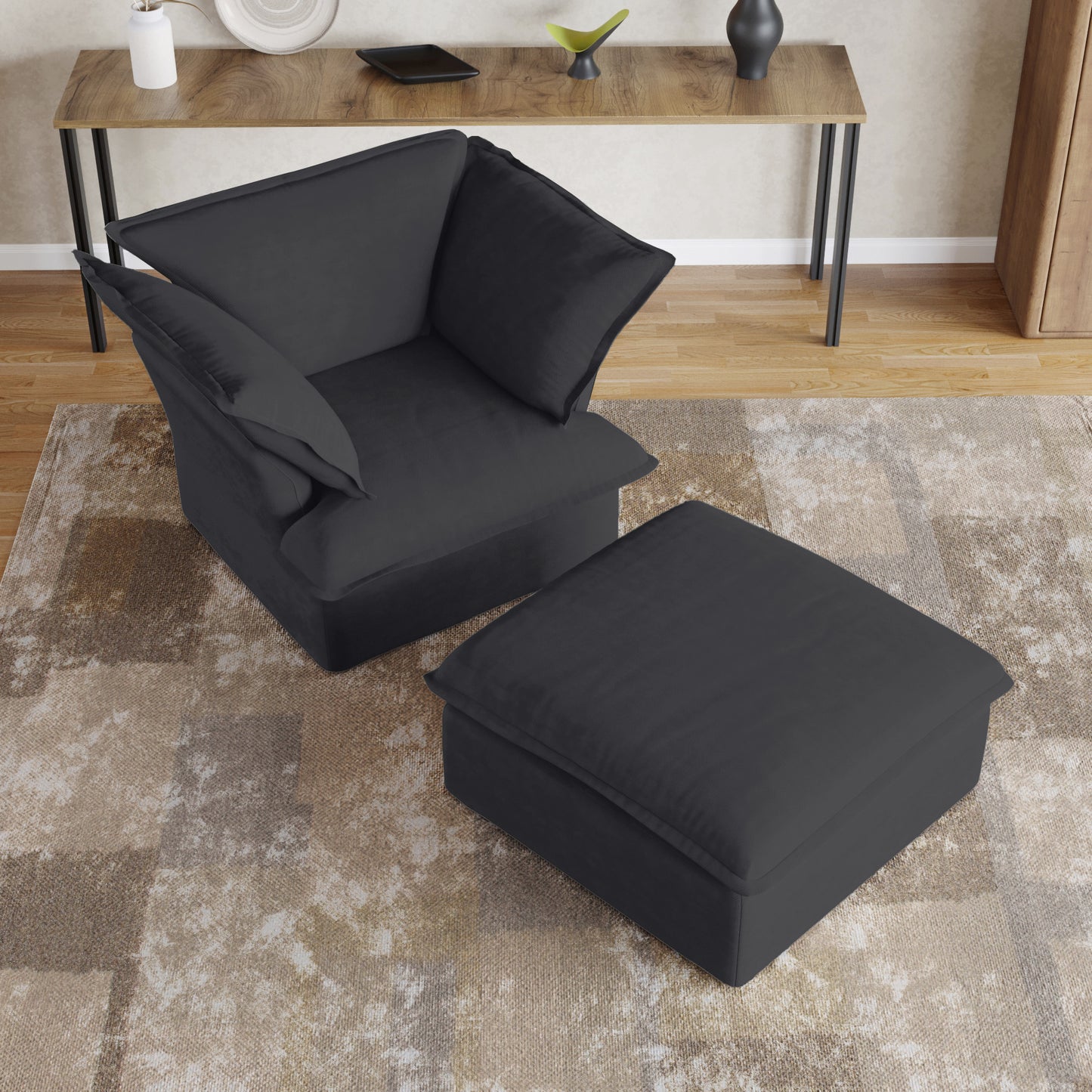 Sabi Modular Boucle Cloud Sofa - Obsidian Black - Single Seater Sofa with Ottoman - Nuvé