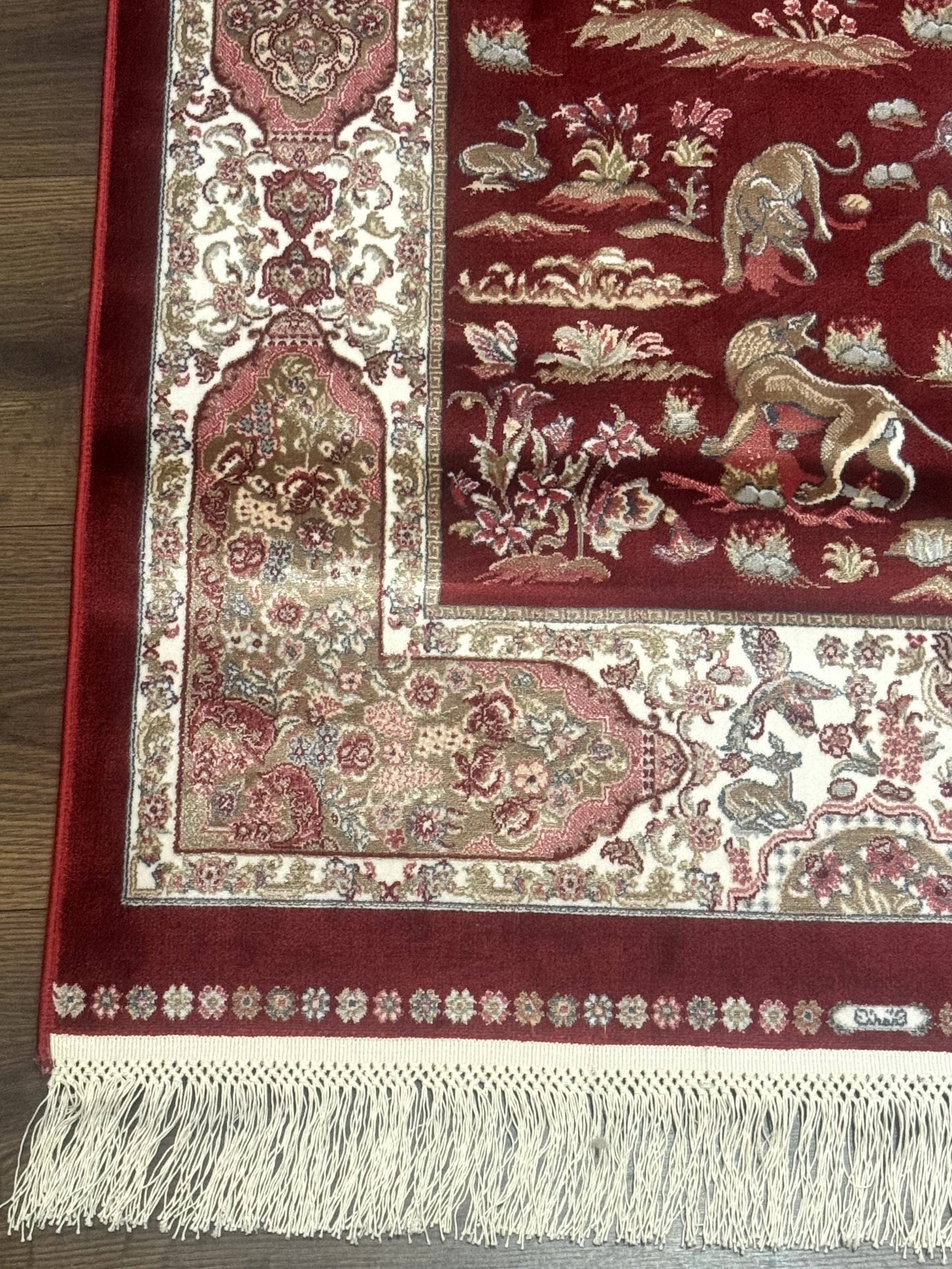Turkish Silk Rug 2.6 x 6.7, Hunting Design, Short Runner Rug, Red & Ivory, Bamboo Silk, New - Nuvé