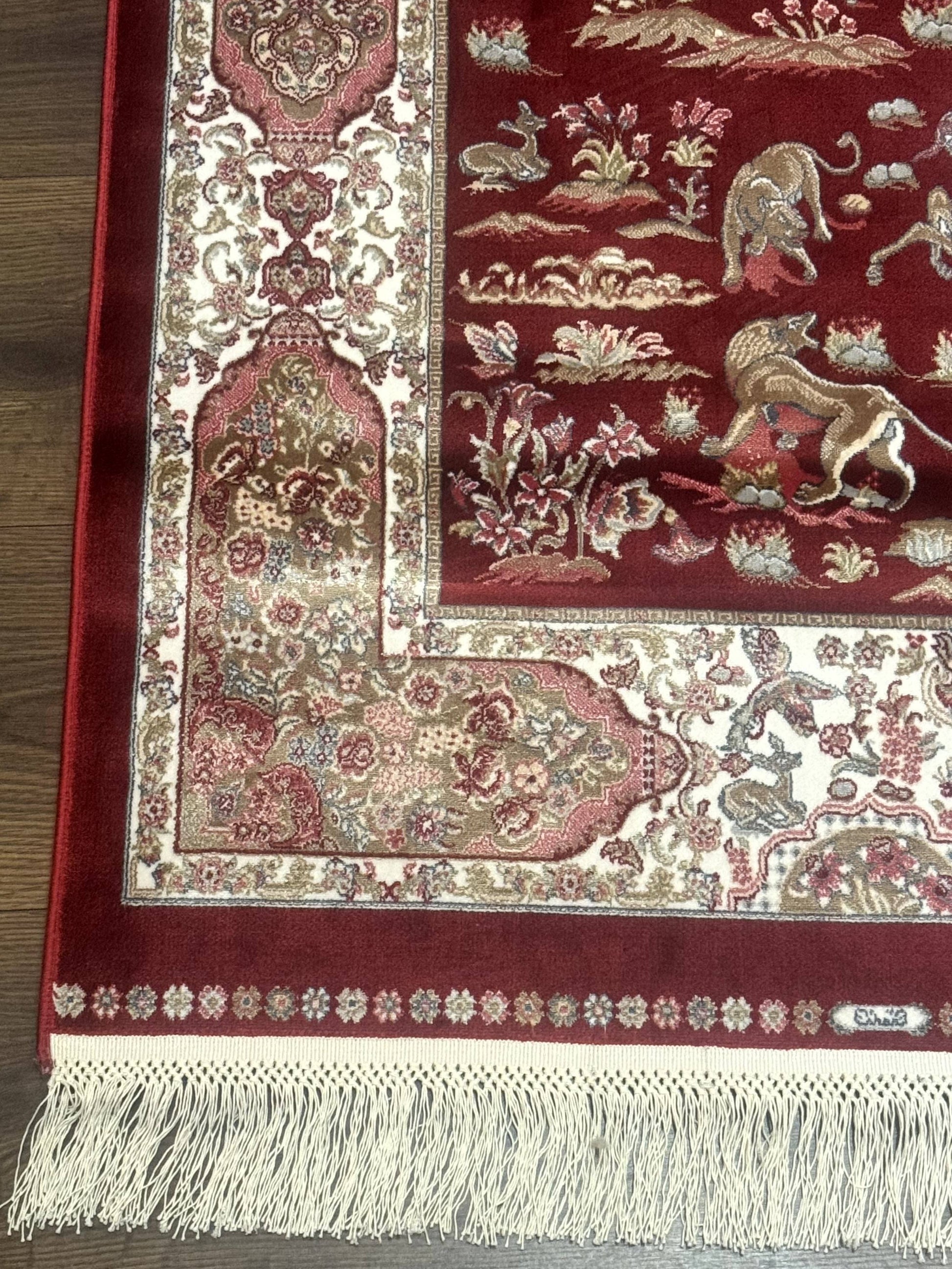 Turkish Silk Rug 2.6 x 6.7, Hunting Design, Short Runner Rug, Red & Ivory, Bamboo Silk, New - Nuvé
