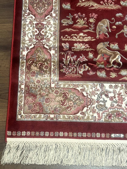 Turkish Silk Rug 2.6 x 6.7, Hunting Design, Short Runner Rug, Red & Ivory, Bamboo Silk, New - Nuvé