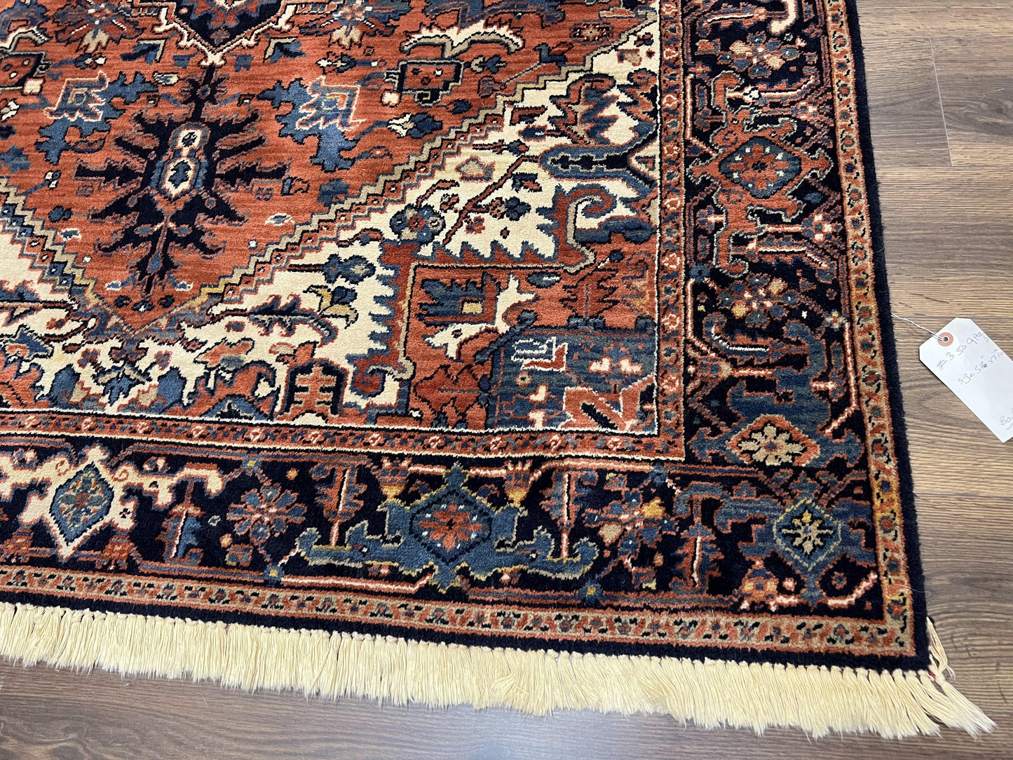 Heriz Rug 5.6 x 8, Geometric Medallion, Wool Oriental Carpet, Tribal Boho Rug, Red Navy Blue Cream, Belgium Power Loomed Rug, Medium Sized - Nuvé