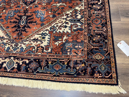 Heriz Rug 5.6 x 8, Geometric Medallion, Wool Oriental Carpet, Tribal Boho Rug, Red Navy Blue Cream, Belgium Power Loomed Rug, Medium Sized - Nuvé
