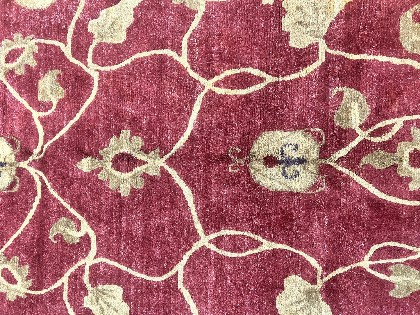 Tibetan Aubusson Rug 8x10, Maroon and Beige, Floral, Handmade, Wool, Vintage, Traditional Rug - Nuvé